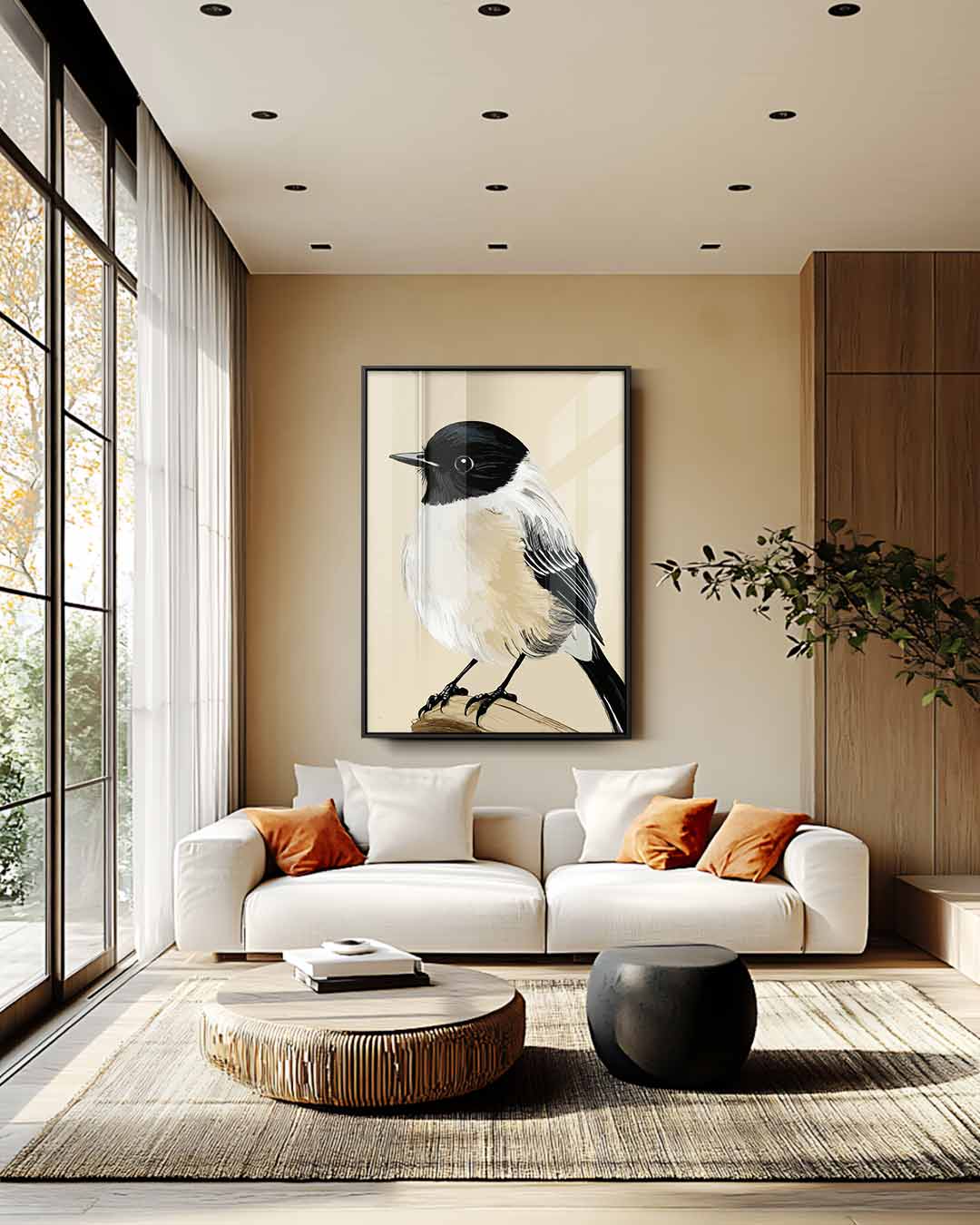 Schattige Vogeltekening op Tak Kunstwerk-canvas-dibond-plexiglas-wanddecoratie-WallArtistic