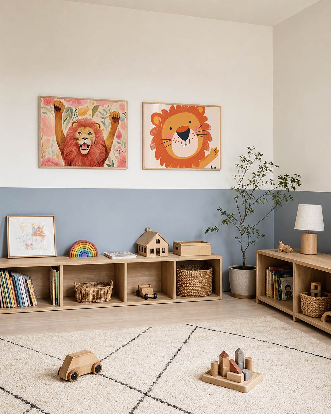 Twee liggende posters met een vrolijke leeuw met opgeheven poten, aan de muur in een interieur