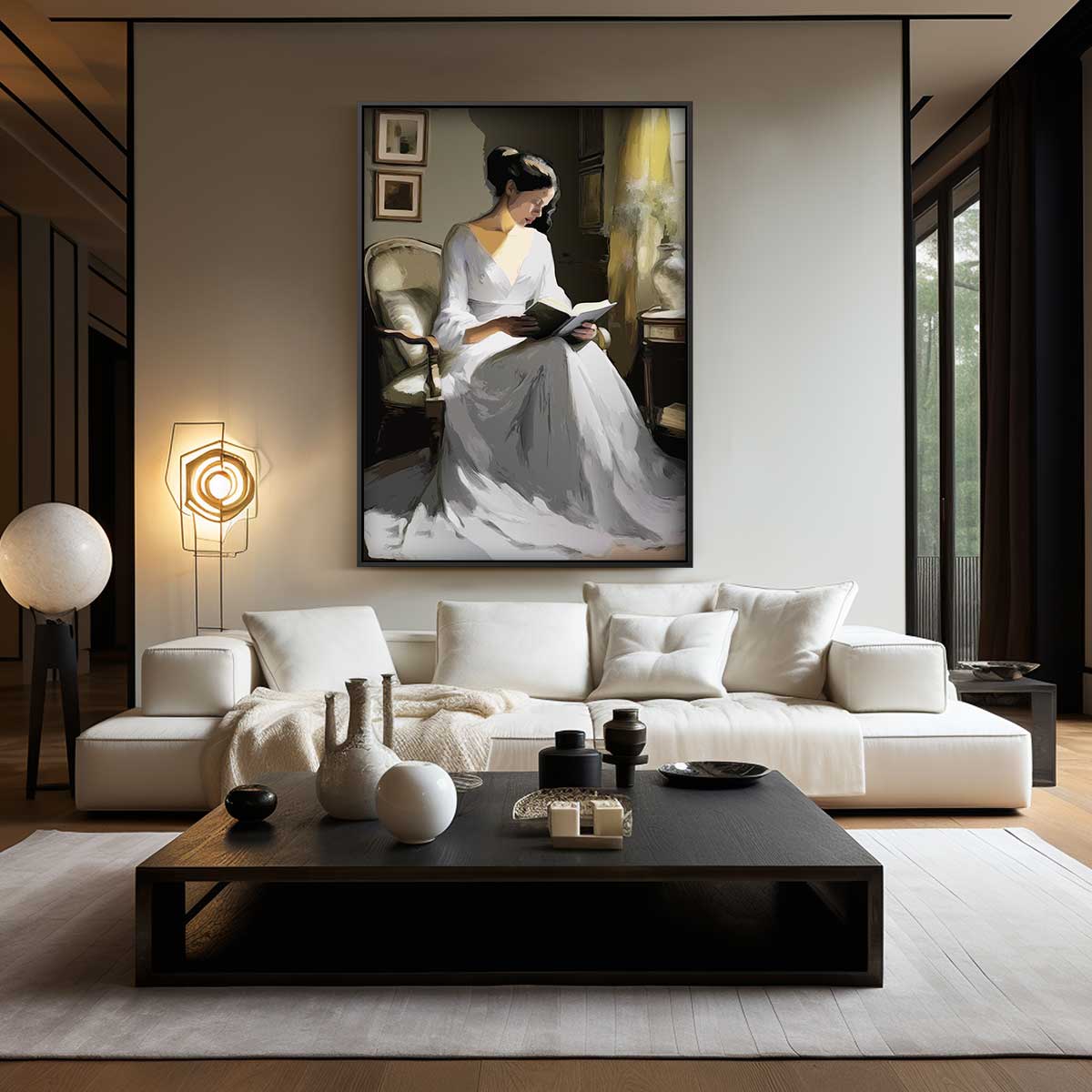 Vrouw Lezend in de Zonnestraal Kunstwerk-canvas-dibond-plexiglas-wanddecoratie-WallArtistic