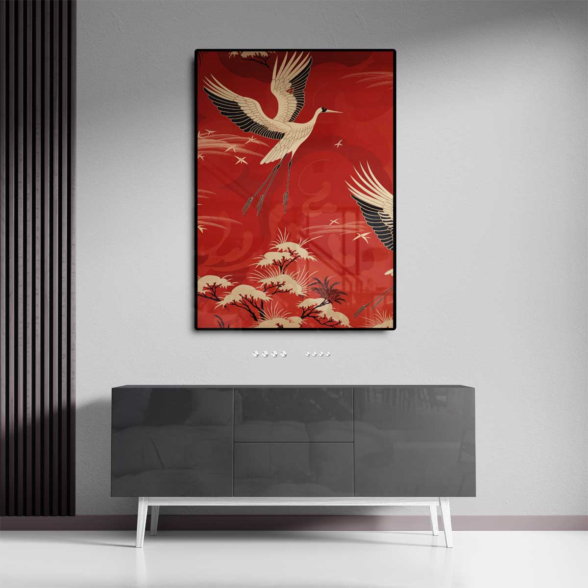 Vliegende Kraanvogels in het Rood Kunstwerk-canvas-dibond-plexiglas-wanddecoratie-WallArtistic