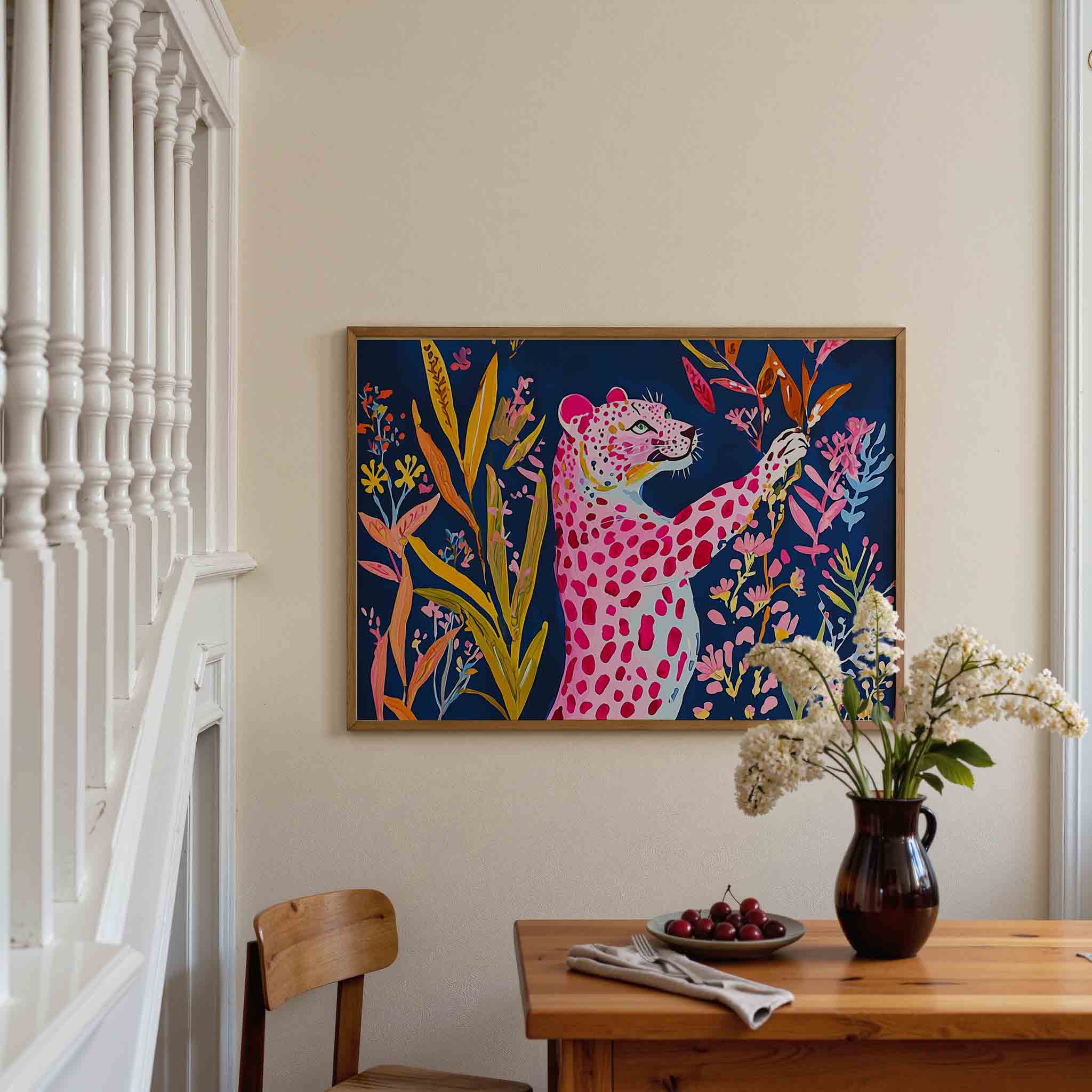 Roze luipaard en bloemen Poster