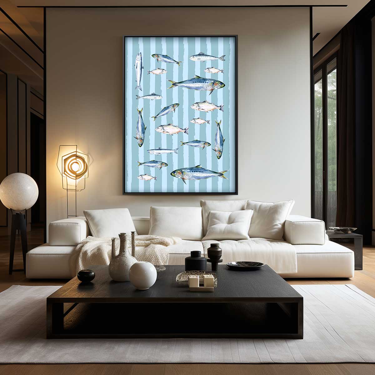 Speelse Visjes op Blauwe Strepen Kunstwerk-canvas-dibond-plexiglas-wanddecoratie-WallArtistic