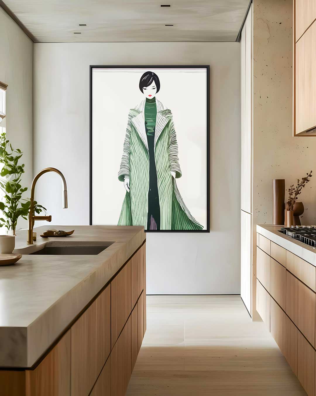 Moderne Modekunst met Groene Jas Kunstwerk-canvas-dibond-plexiglas-wanddecoratie-WallArtistic