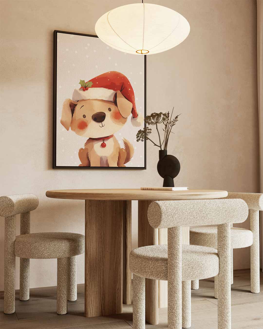 Kerstige Hond met Kerstmuts Kunstwerk-canvas-dibond-plexiglas-wanddecoratie-WallArtistic