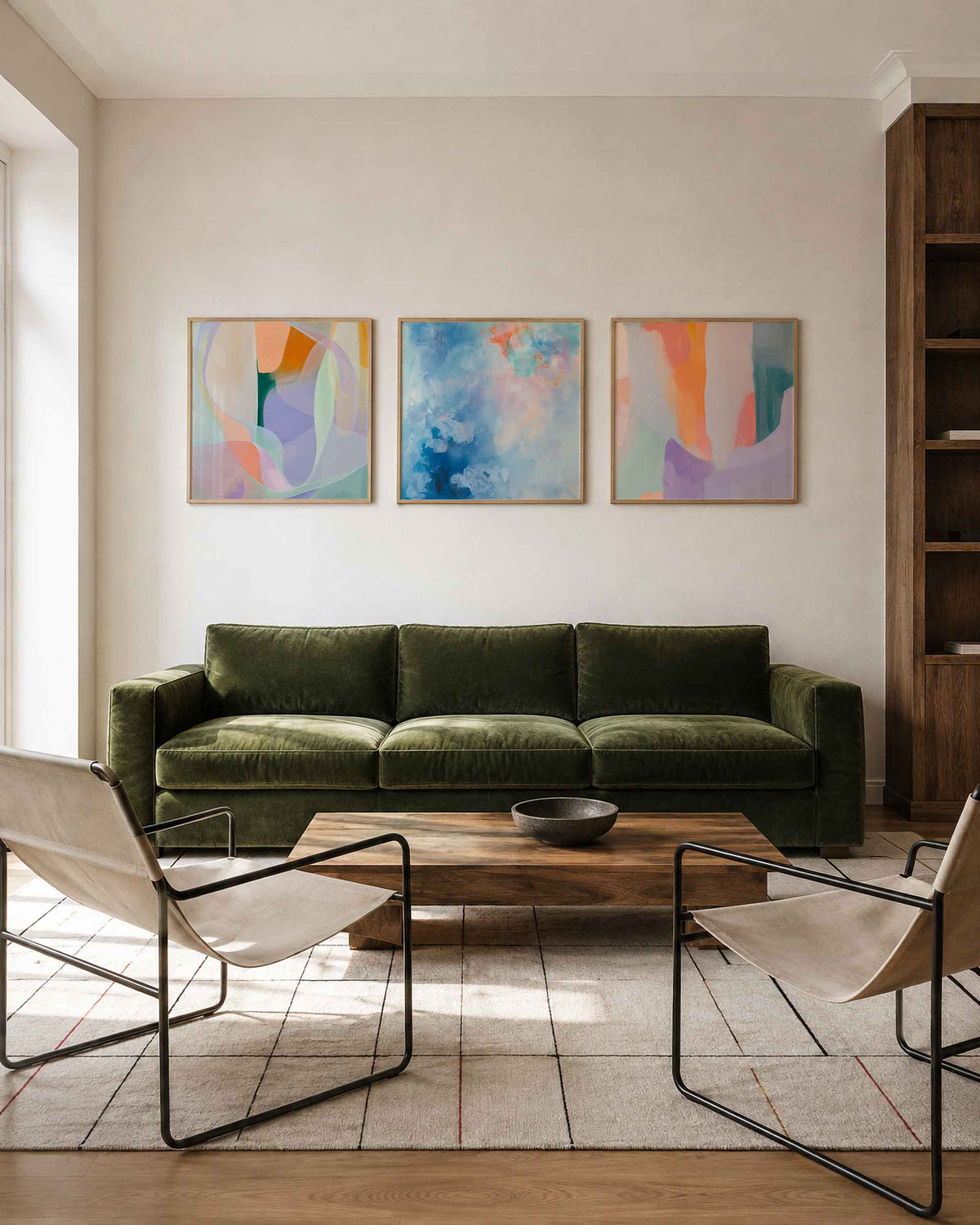 Interieurpresentatie van een driedelige vierkante posterset met abstracte kleuren