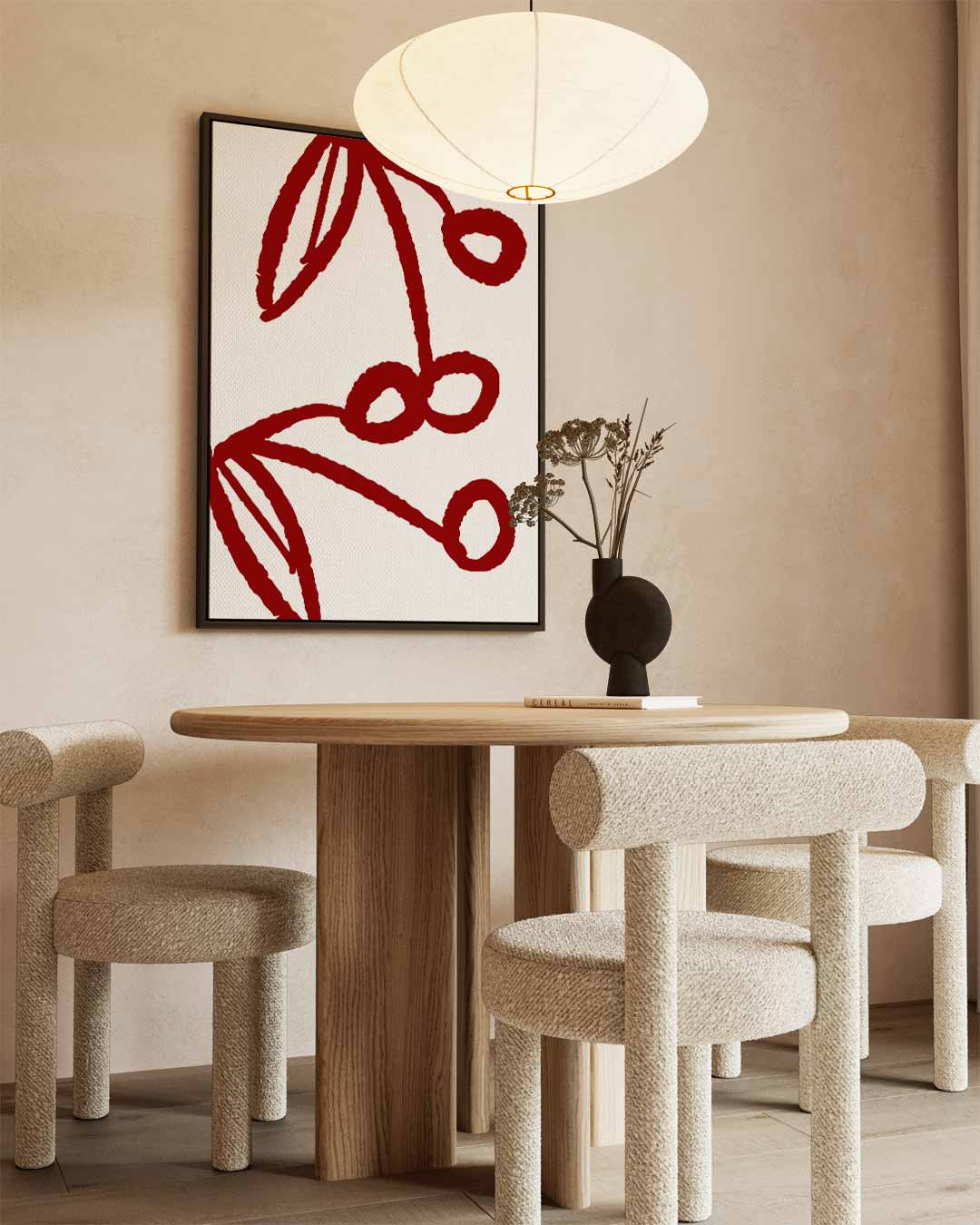Speelse Kersenlijntekening Kunstwerk-canvas-dibond-plexiglas-wanddecoratie-WallArtistic
