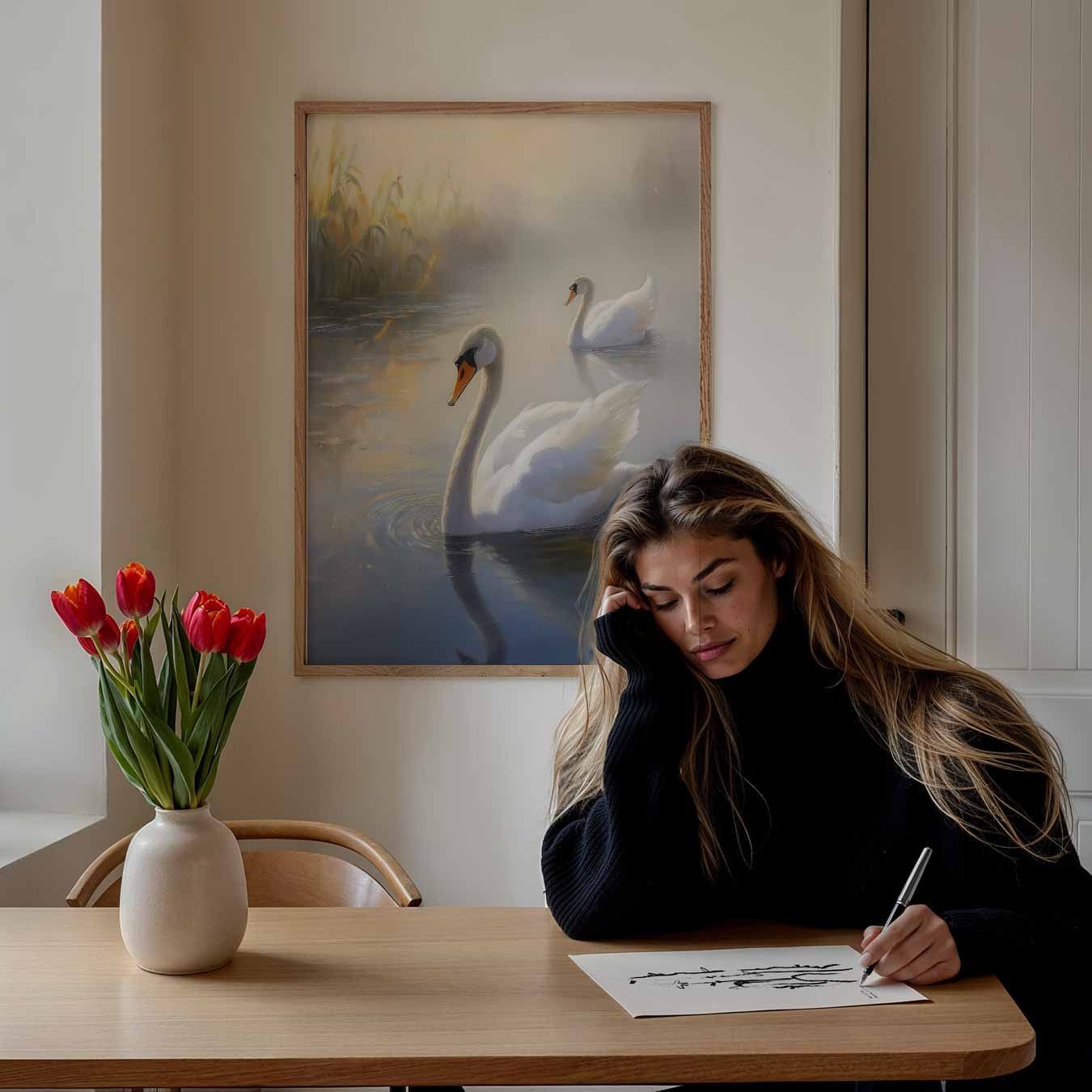 Elegant Zwevend Zwanenpaar Poster-WallArtistic