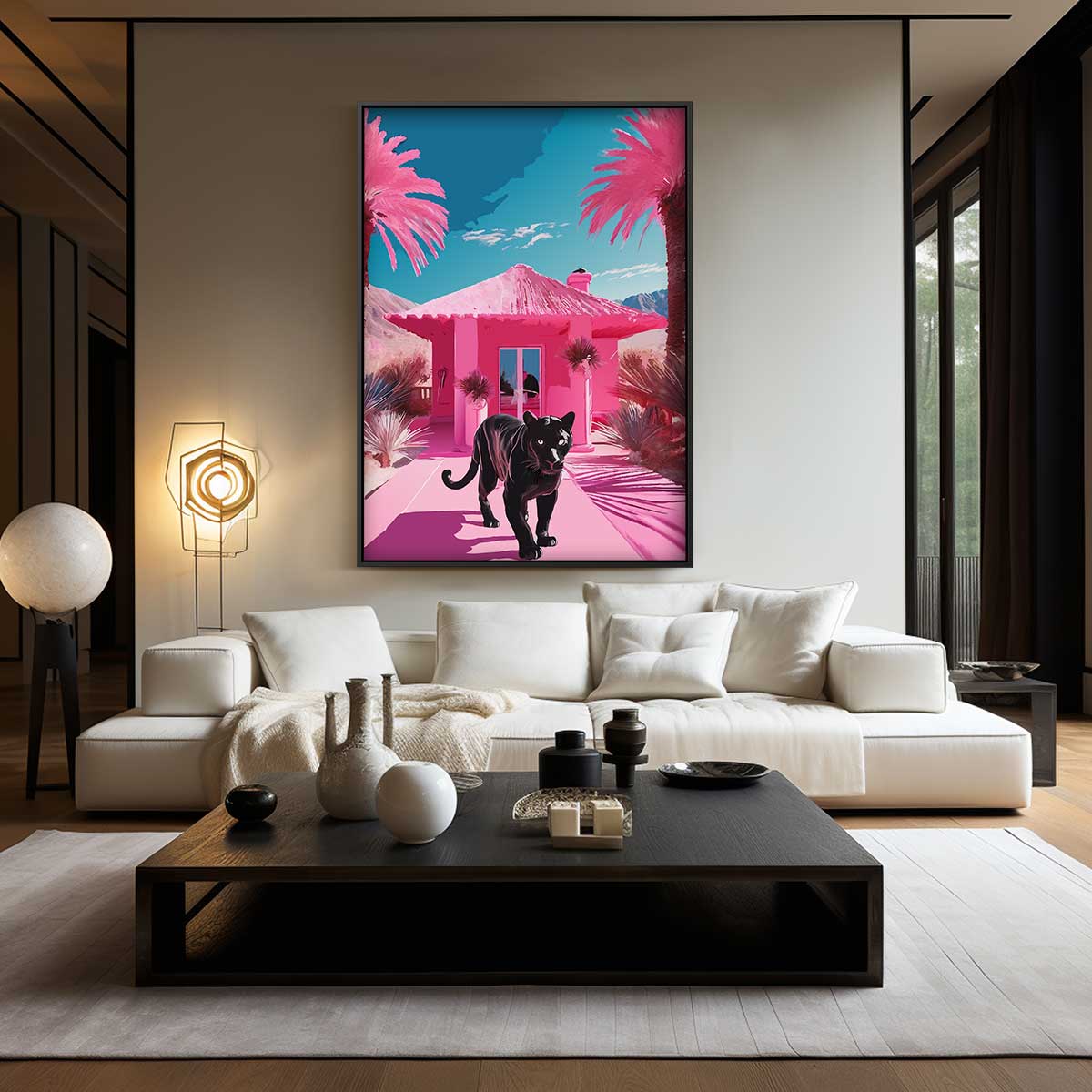 Panther in een Roze Paradijs Kunstwerk-canvas-dibond-plexiglas-wanddecoratie-WallArtistic