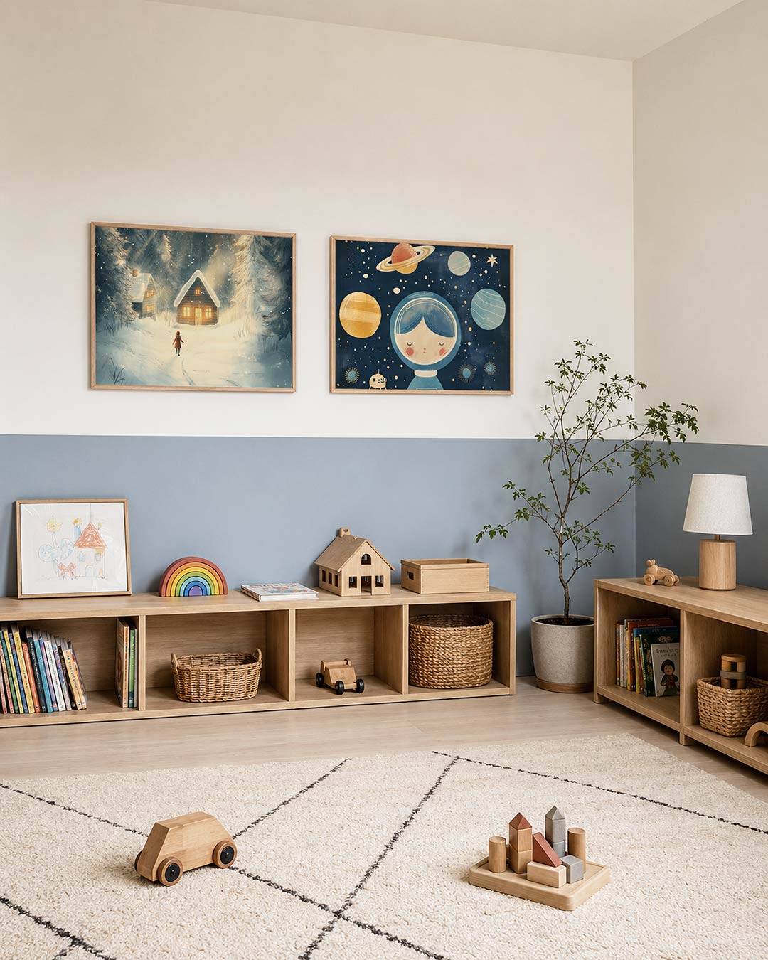 Interieurpresentatie van twee posters met een kind in een besneeuwd bos naar twee verlichte huisjes