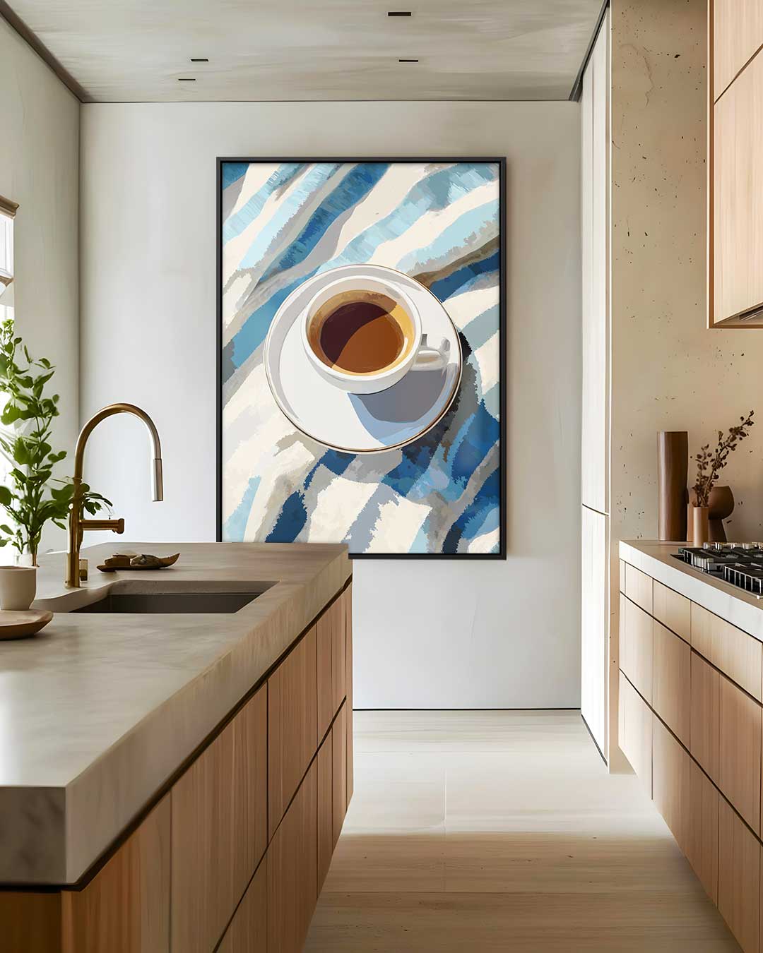 Koffiemoment in Blauwe Strepen Kunstwerk-canvas-dibond-plexiglas-wanddecoratie-WallArtistic