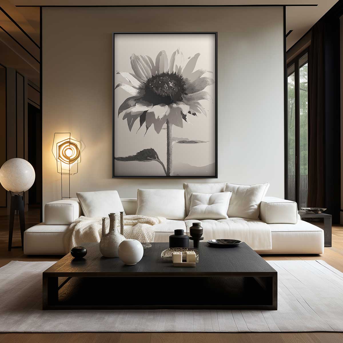Zwart-witte Zonnebloem Kunstwerk-canvas-dibond-plexiglas-wanddecoratie-WallArtistic