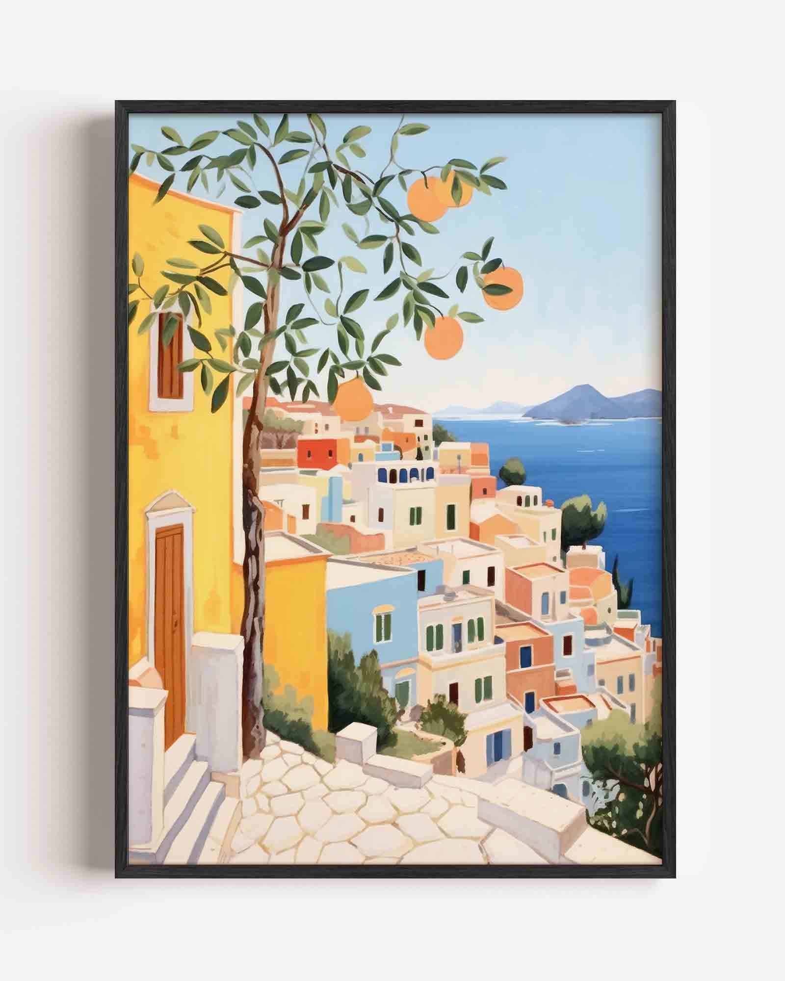 Mediterrane huizen en sinaasappelboom Poster
