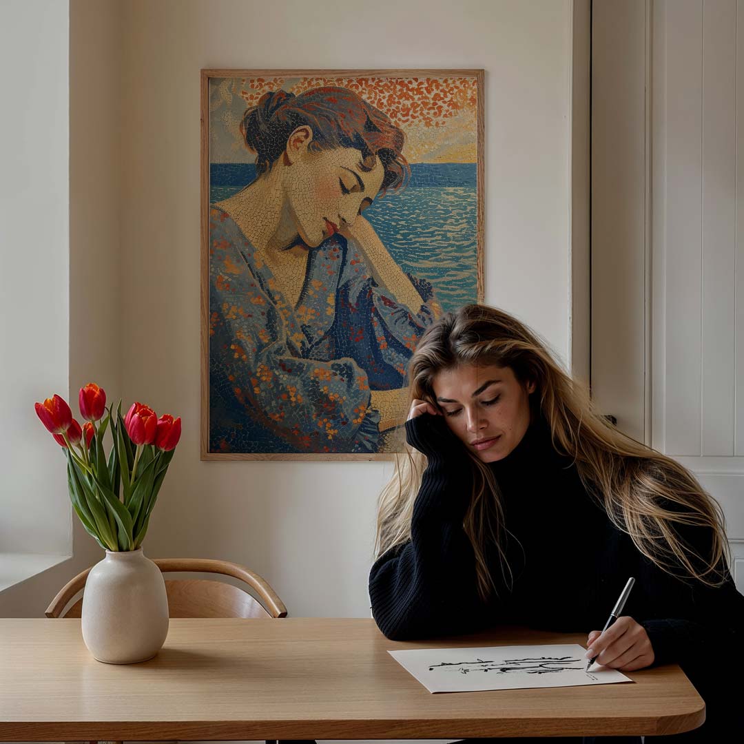 Dromerige Mozaïek Vrouw aan Zee Poster-WallArtistic