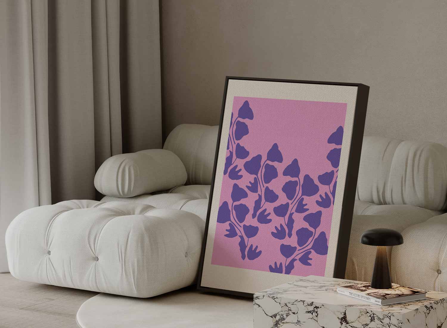 Vrolijke Paarse Bloemen op Roze Kunstwerk-canvas-dibond-plexiglas-wanddecoratie-WallArtistic