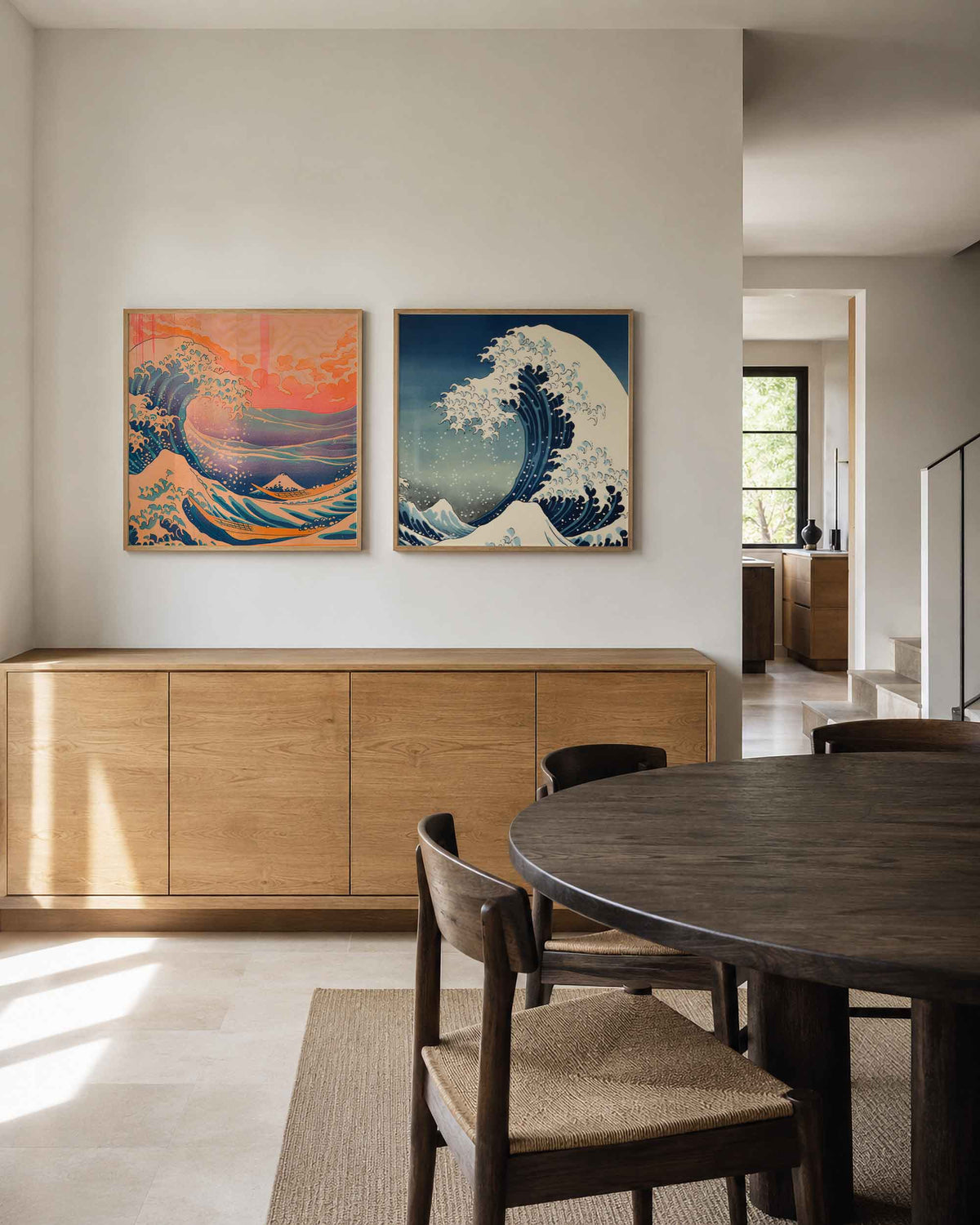 Interieurpresentatie van een tweedelige vierkante posterset met japanse golven
