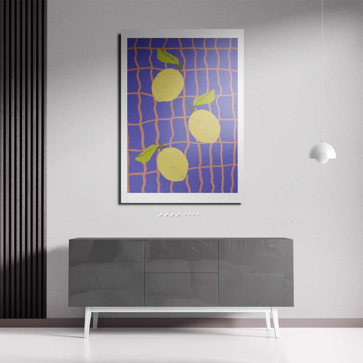 Citroenen op Blauw Ruitpatroon Kunstwerk-canvas-dibond-plexiglas-wanddecoratie-WallArtistic