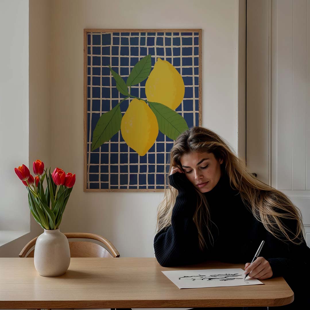 Zonnige Citroenen op Blauw Poster-WallArtistic