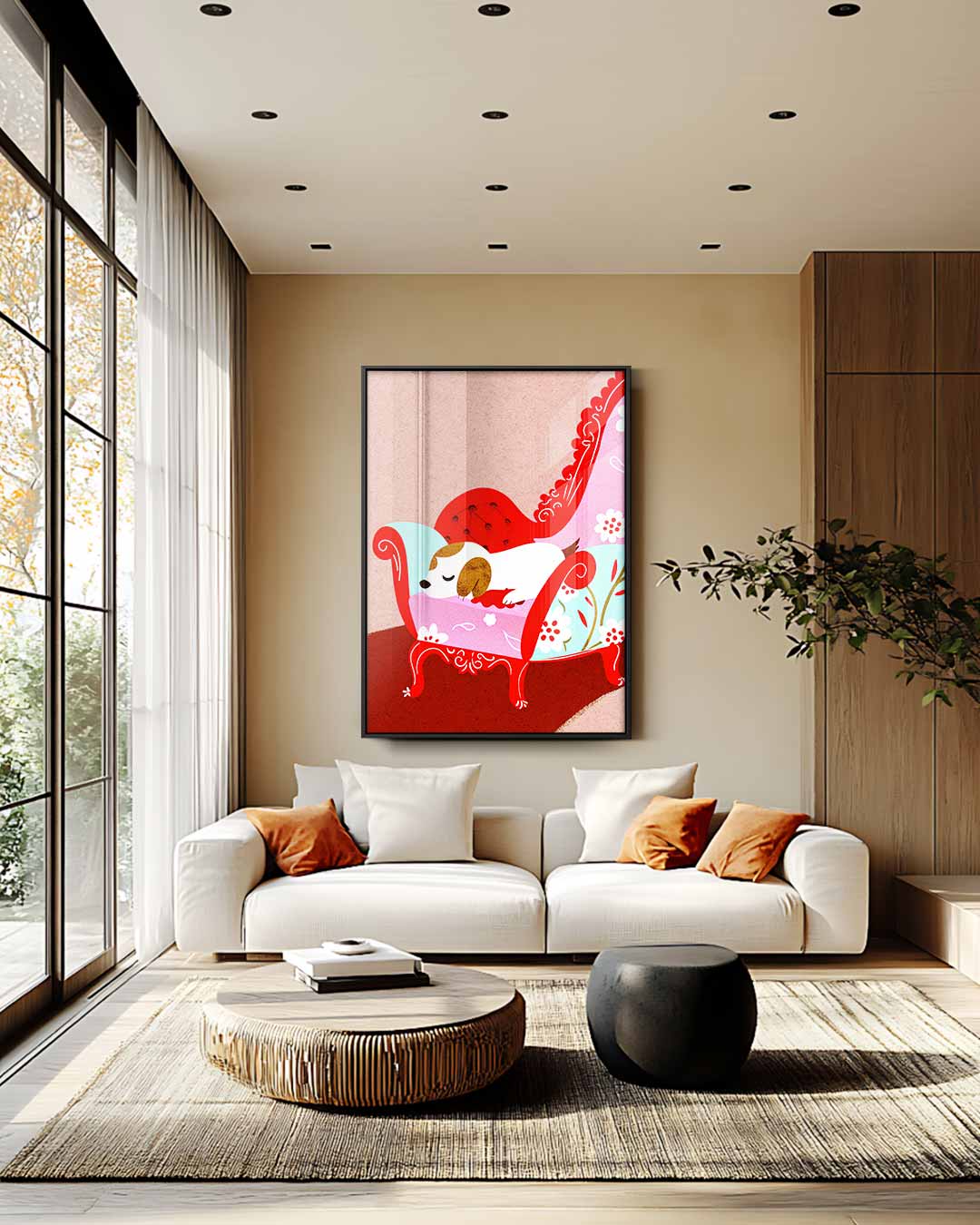 Slapend Hondje in Stijlvolle Stoel Kunstwerk-canvas-dibond-plexiglas-wanddecoratie-WallArtistic