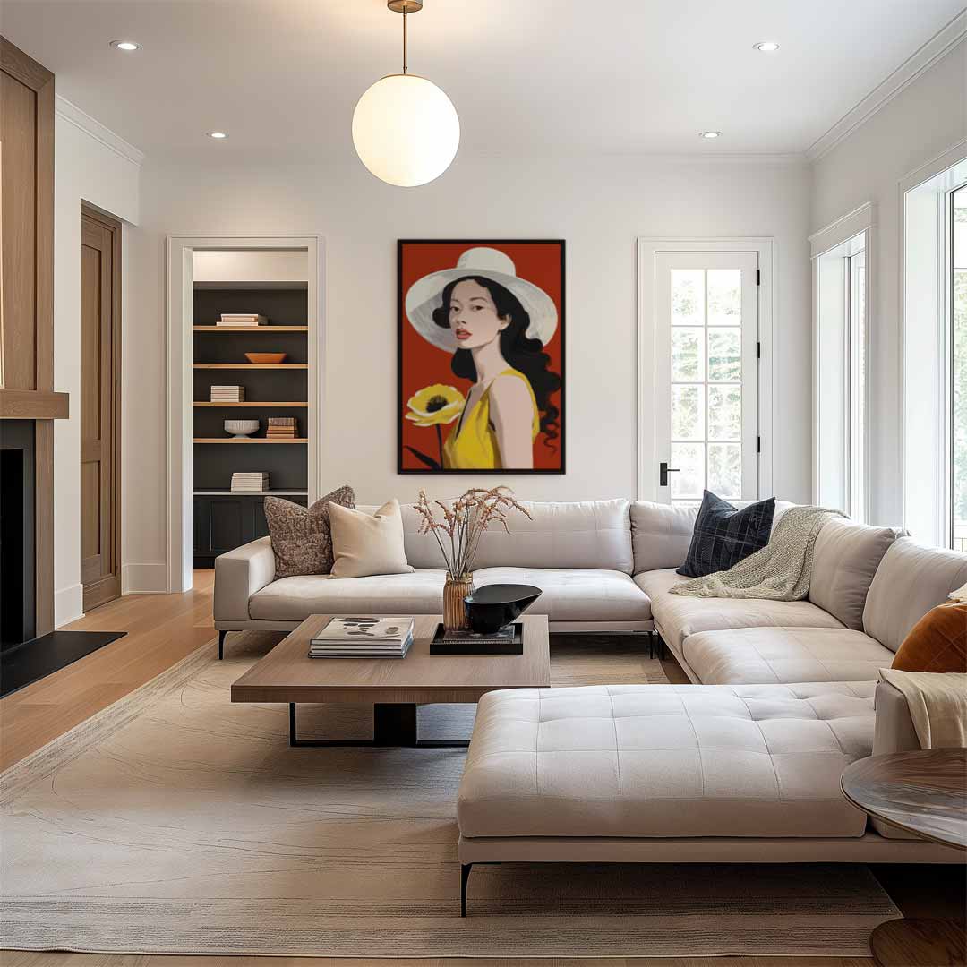 Vrouw en Bloem in Zomerhoed Kunstwerk-canvas-dibond-plexiglas-wanddecoratie-WallArtistic