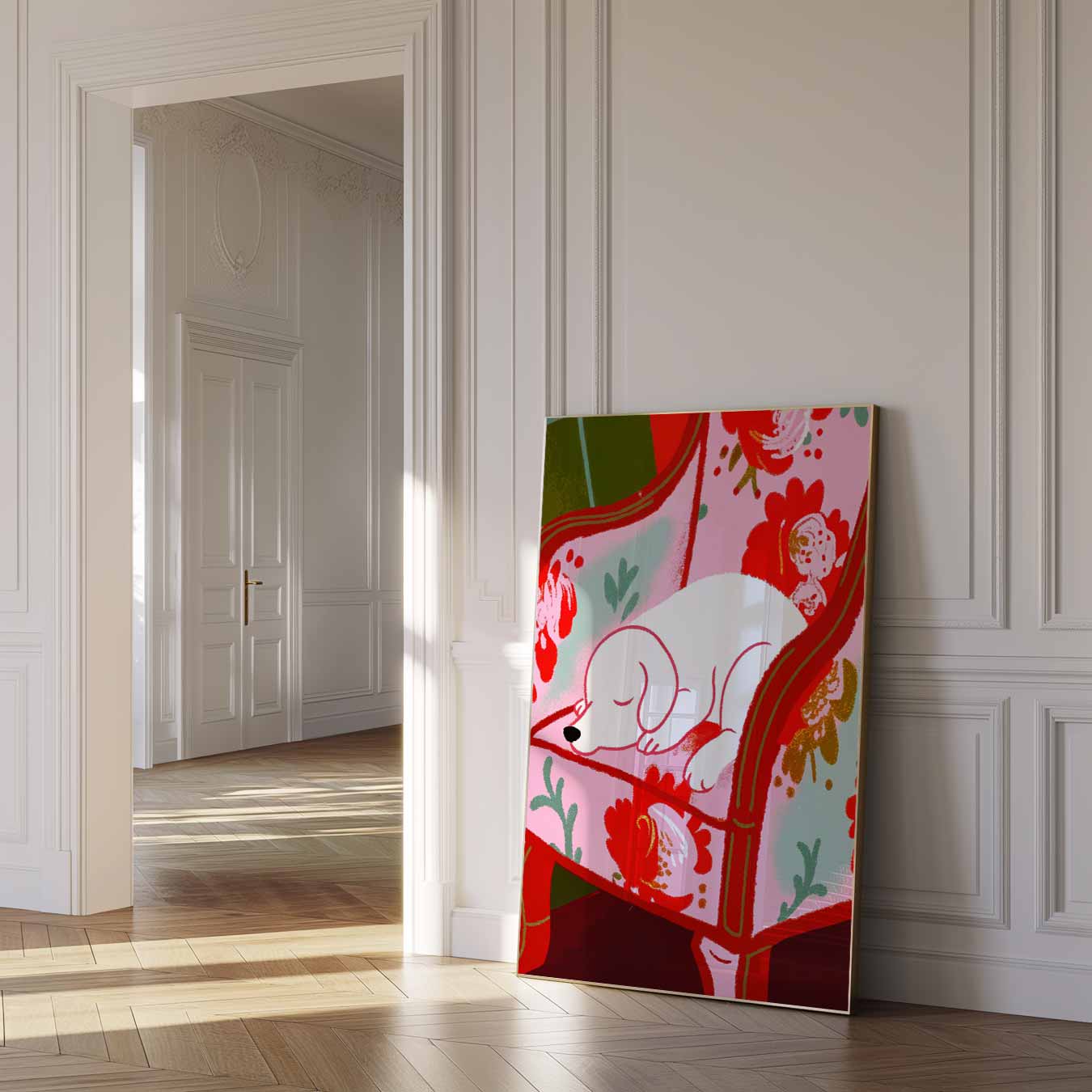 Cozy Hond op Bloemenstoel Poster-WallArtistic