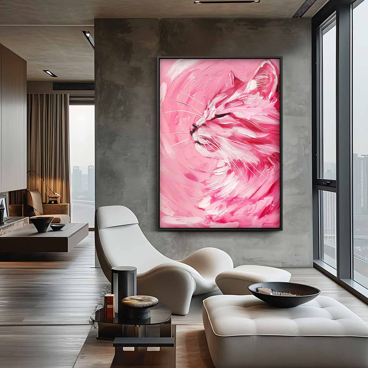 Dromerige Roze Kat Kunstwerk-canvas-dibond-plexiglas-wanddecoratie-WallArtistic