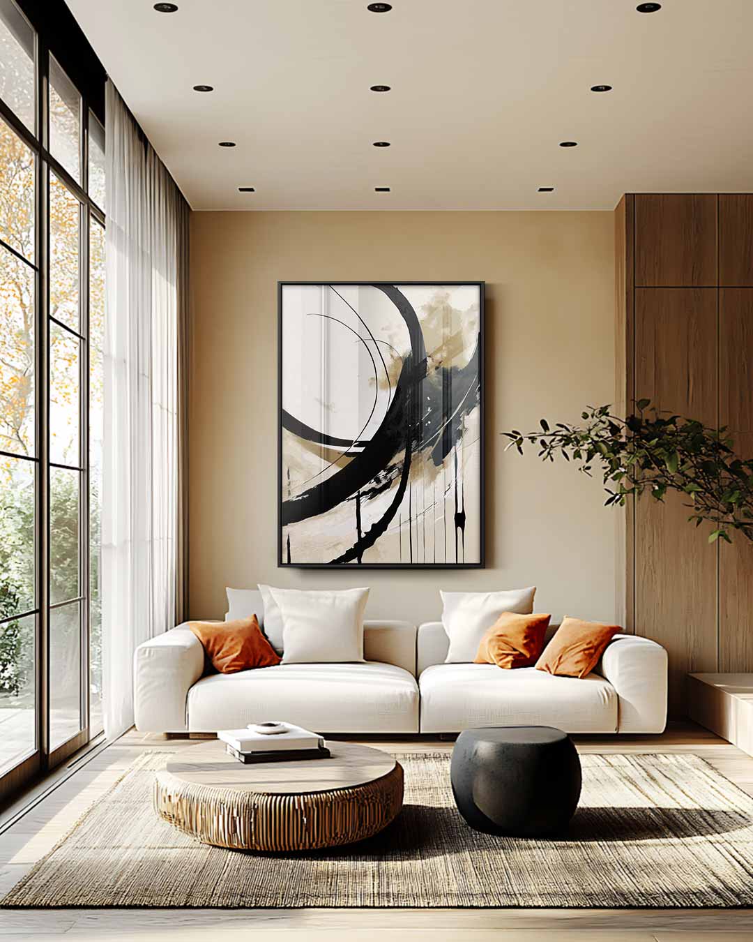 Abstracte Beweging in Zwart en Beige Kunstwerk-canvas-dibond-plexiglas-wanddecoratie-WallArtistic