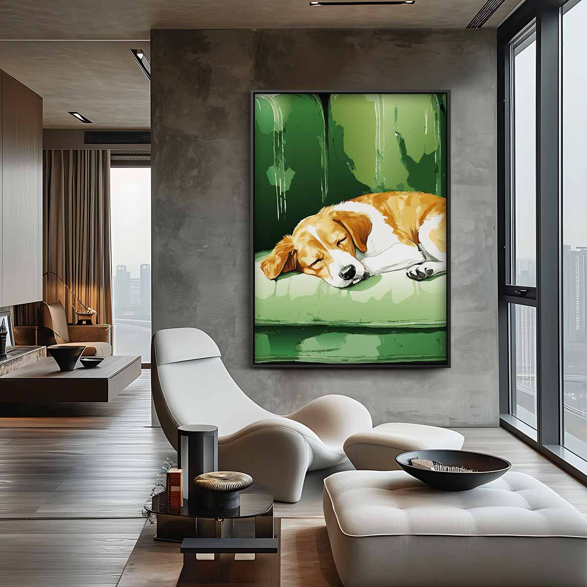 Slapende Beagle op Groene Bank Kunstwerk-canvas-dibond-plexiglas-wanddecoratie-WallArtistic