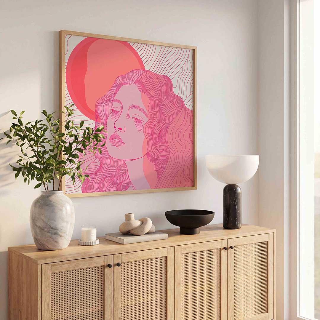 Vrouwelijk gezicht met golvende lijnen Poster
