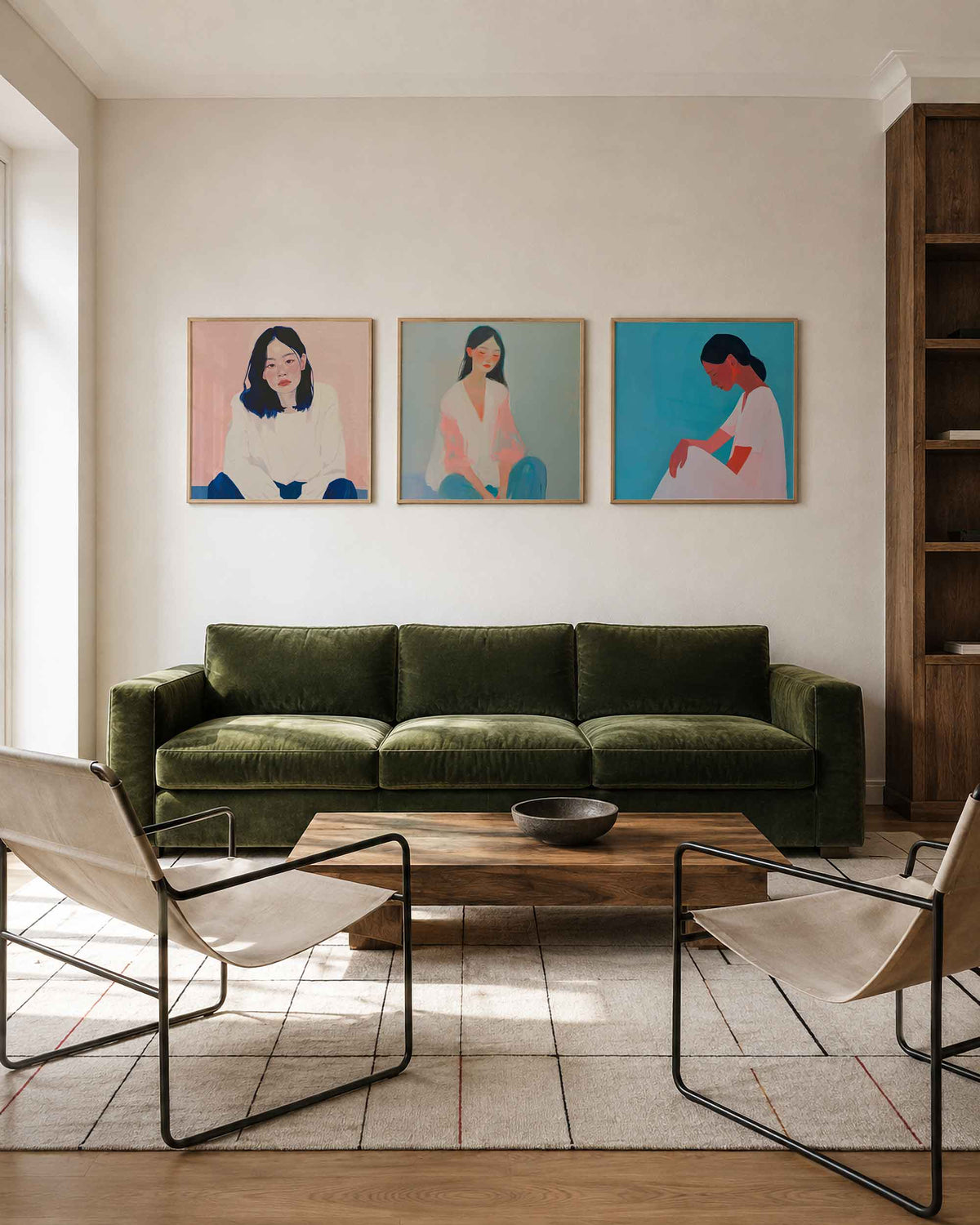 Interieurpresentatie van een driedelige vierkante posterset met vrouwelijke portretten