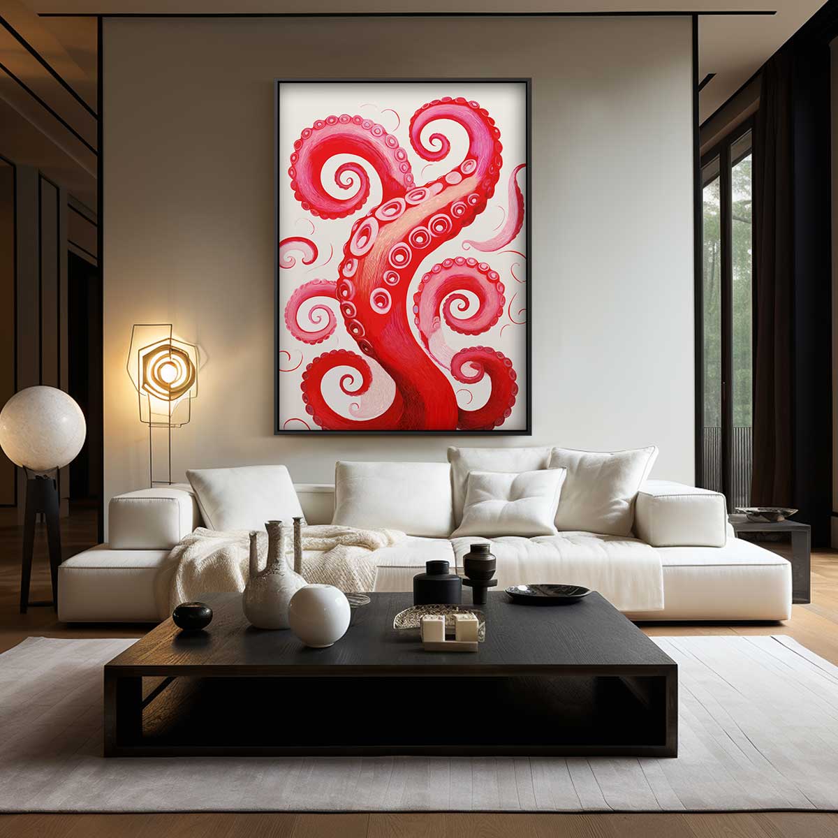 Rode Octopus Tentakel Illusie Kunstwerk-canvas-dibond-plexiglas-wanddecoratie-WallArtistic