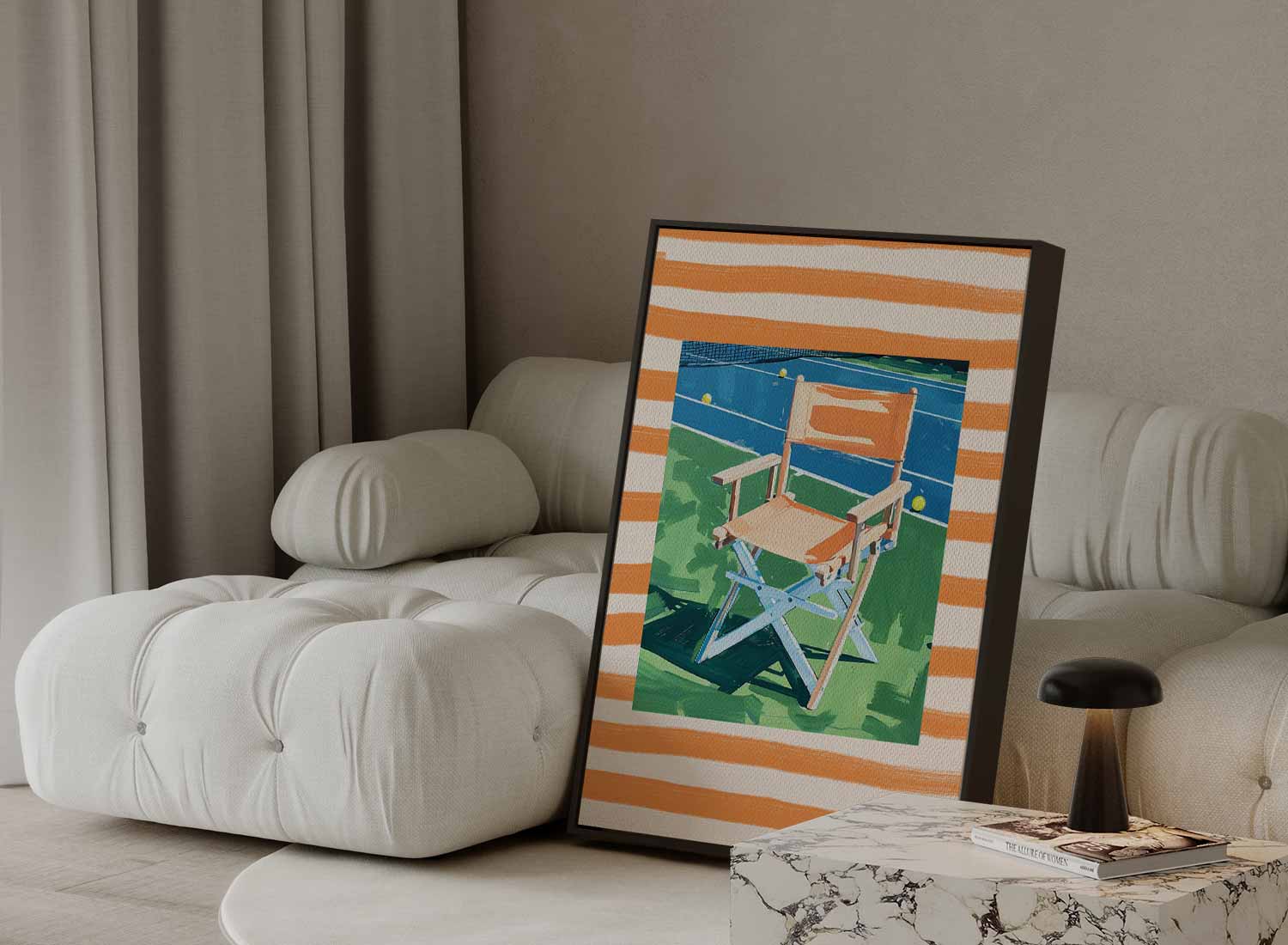 Zomerse Stoel op de Tennisbaan Kunstwerk-canvas-dibond-plexiglas-wanddecoratie-WallArtistic