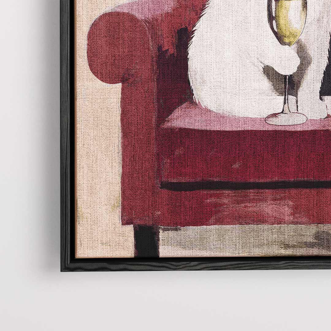 Luxe Kat met Wijn op Rood Stoel Kunstwerk-canvas-dibond-plexiglas-wanddecoratie-WallArtistic