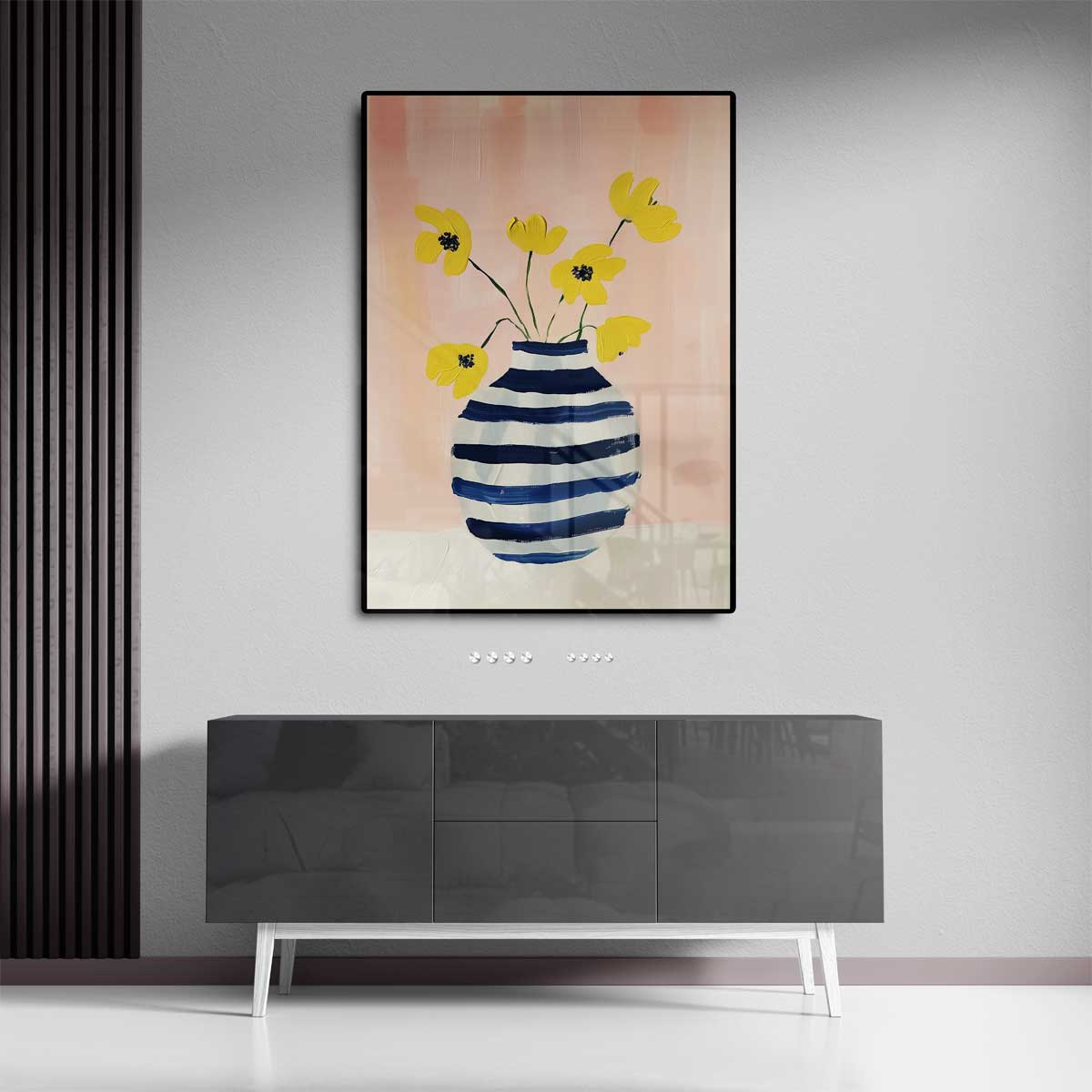 Zonnige Bloemen in Gestreepte Vaas Kunstwerk-canvas-dibond-plexiglas-wanddecoratie-WallArtistic