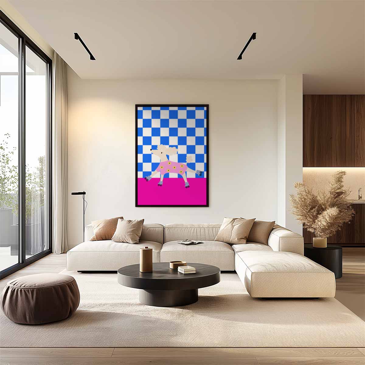 Rollerschaatsende Poedel Kunstwerk-canvas-dibond-plexiglas-wanddecoratie-WallArtistic