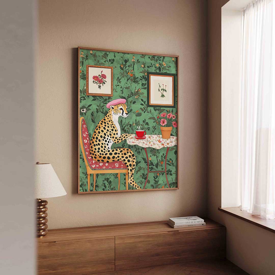 Cheetah met hoed en thee Poster