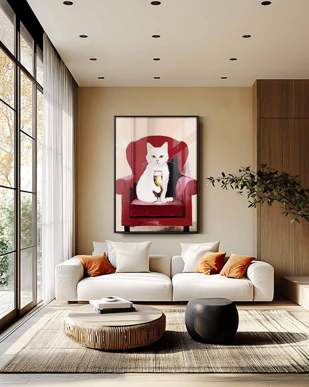 Luxe Kat met Wijn op Rood Stoel Kunstwerk-canvas-dibond-plexiglas-wanddecoratie-WallArtistic