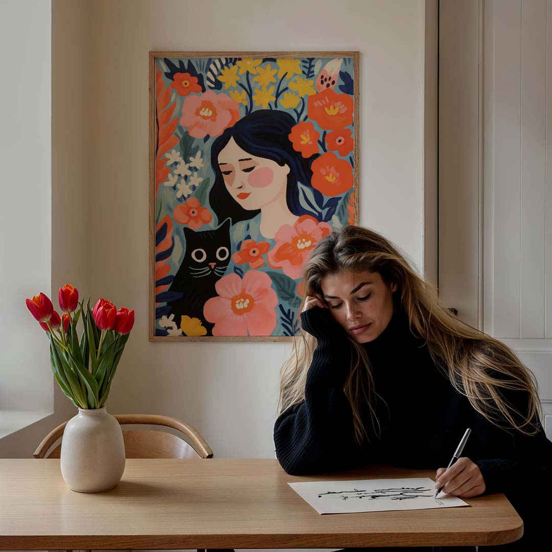 Bloemrijke Droomwereld Kat & Vrouw Poster-WallArtistic