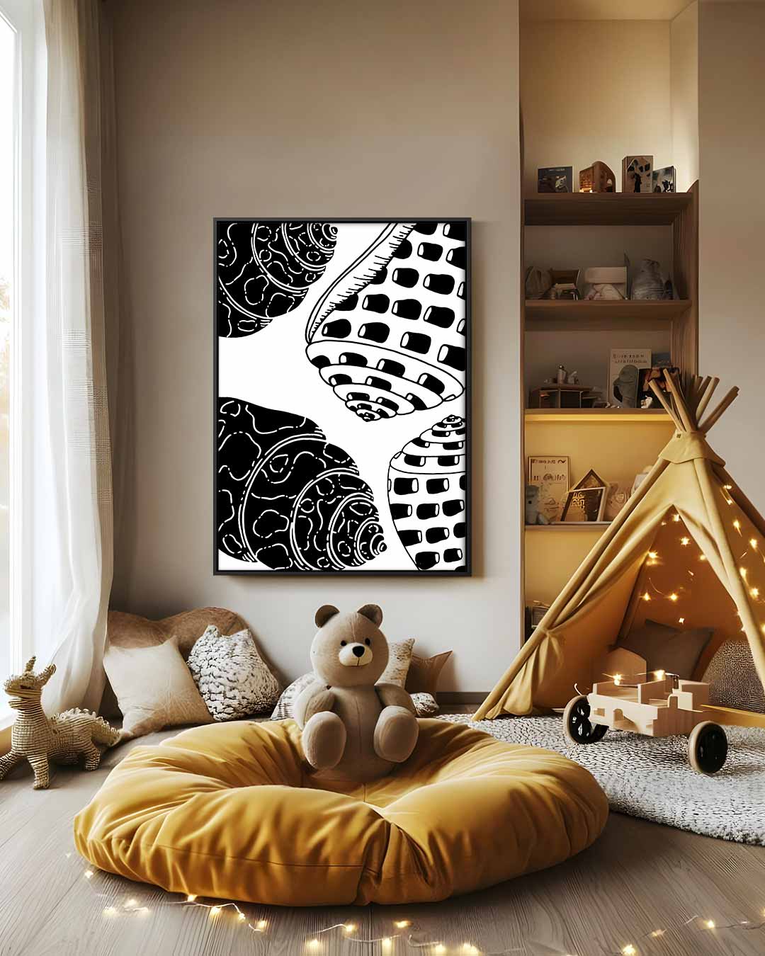 Schelpenpatroon in Zwart-Wit Kunstwerk-canvas-dibond-plexiglas-wanddecoratie-WallArtistic