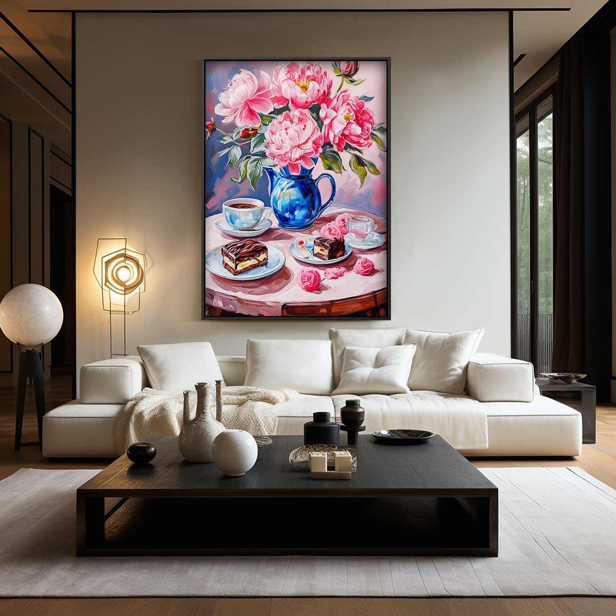 Bloemrijke koffie moment Kunstwerk-canvas-dibond-plexiglas-wanddecoratie-WallArtistic