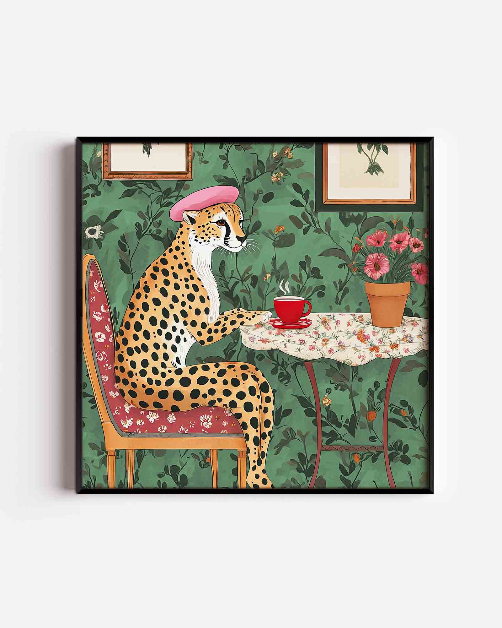 Cheetah met hoed en koffie Poster