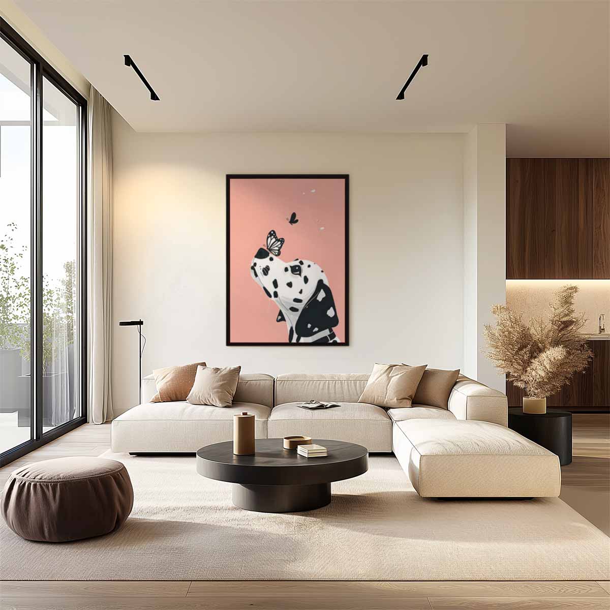 Dalmatier en Vlinder op Zachtroze Kunstwerk-canvas-dibond-plexiglas-wanddecoratie-WallArtistic