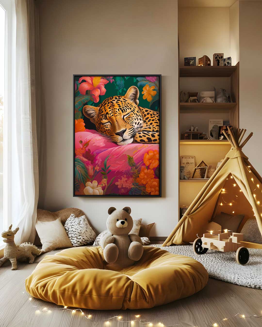 Dromerige Luipaard in Bloemenparadijs Kunstwerk-canvas-dibond-plexiglas-wanddecoratie-WallArtistic