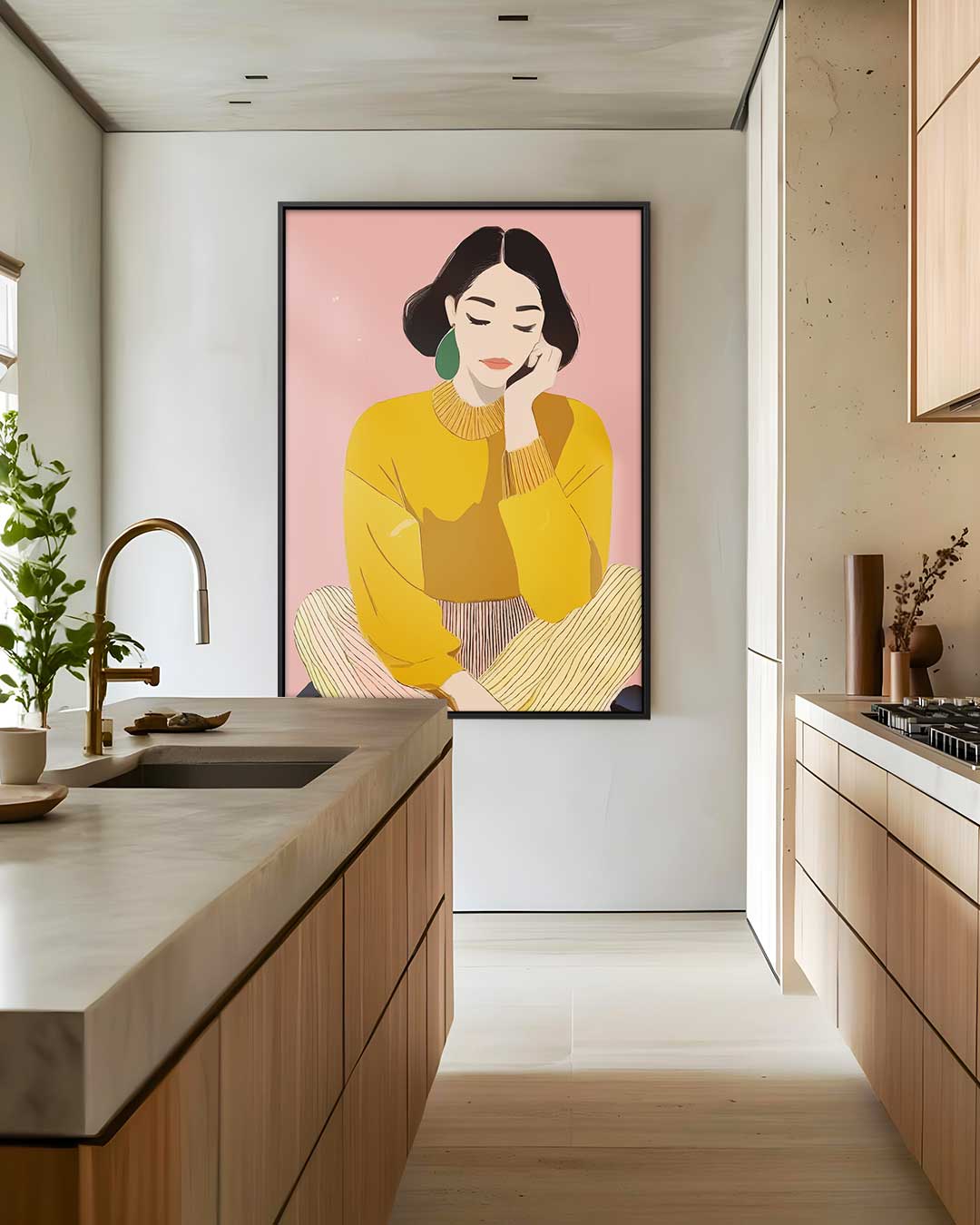 Dromerige Vrouw in Gele Trui Kunstwerk-canvas-dibond-plexiglas-wanddecoratie-WallArtistic