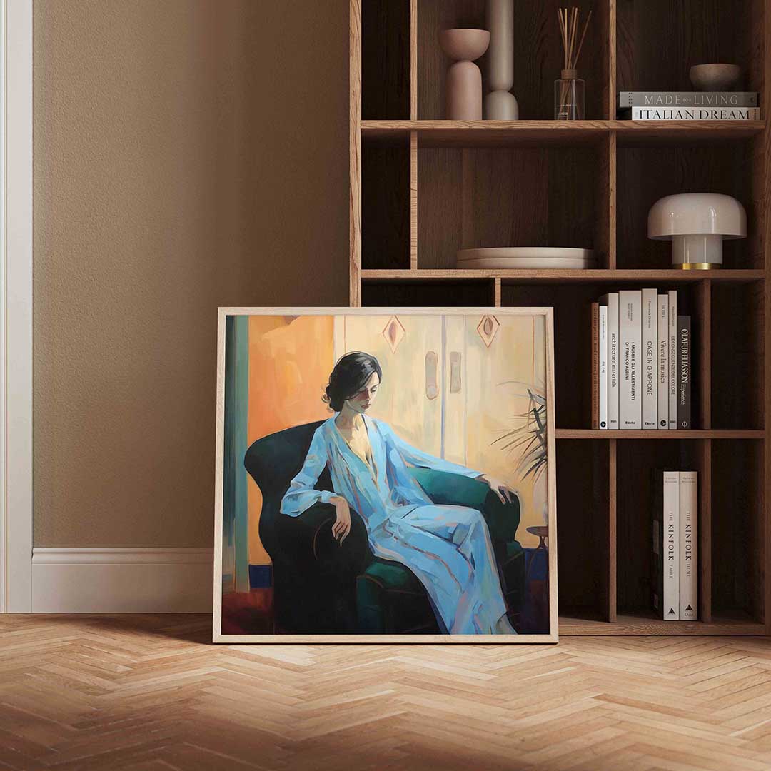 Vrouw in blauwe jurk Poster