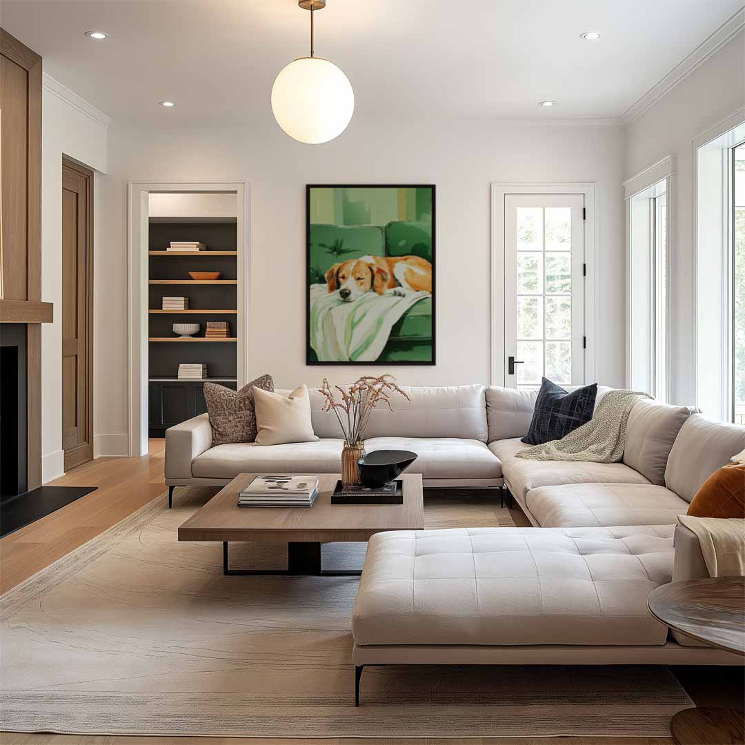 Snoezige Hond op Groen Bankje Kunstwerk-canvas-dibond-plexiglas-wanddecoratie-WallArtistic