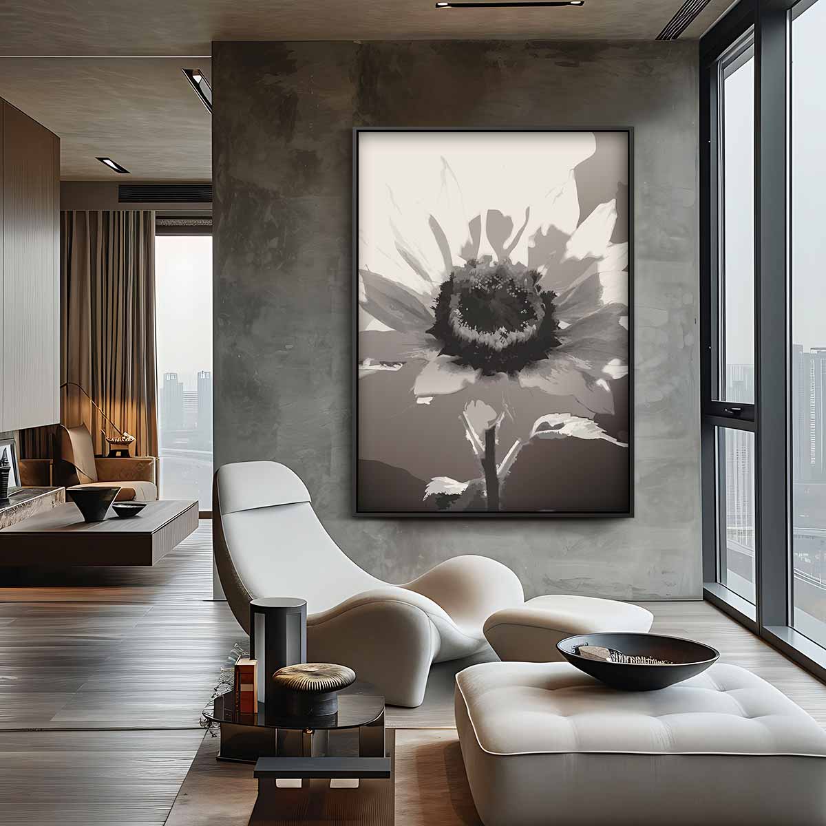 Zwart-Witte Zonnebloem Droom Kunstwerk-canvas-dibond-plexiglas-wanddecoratie-WallArtistic