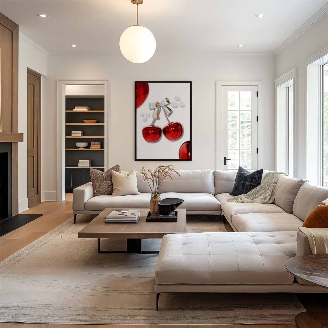 Glanzende Kersen met Strik Kunstwerk-canvas-dibond-plexiglas-wanddecoratie-WallArtistic