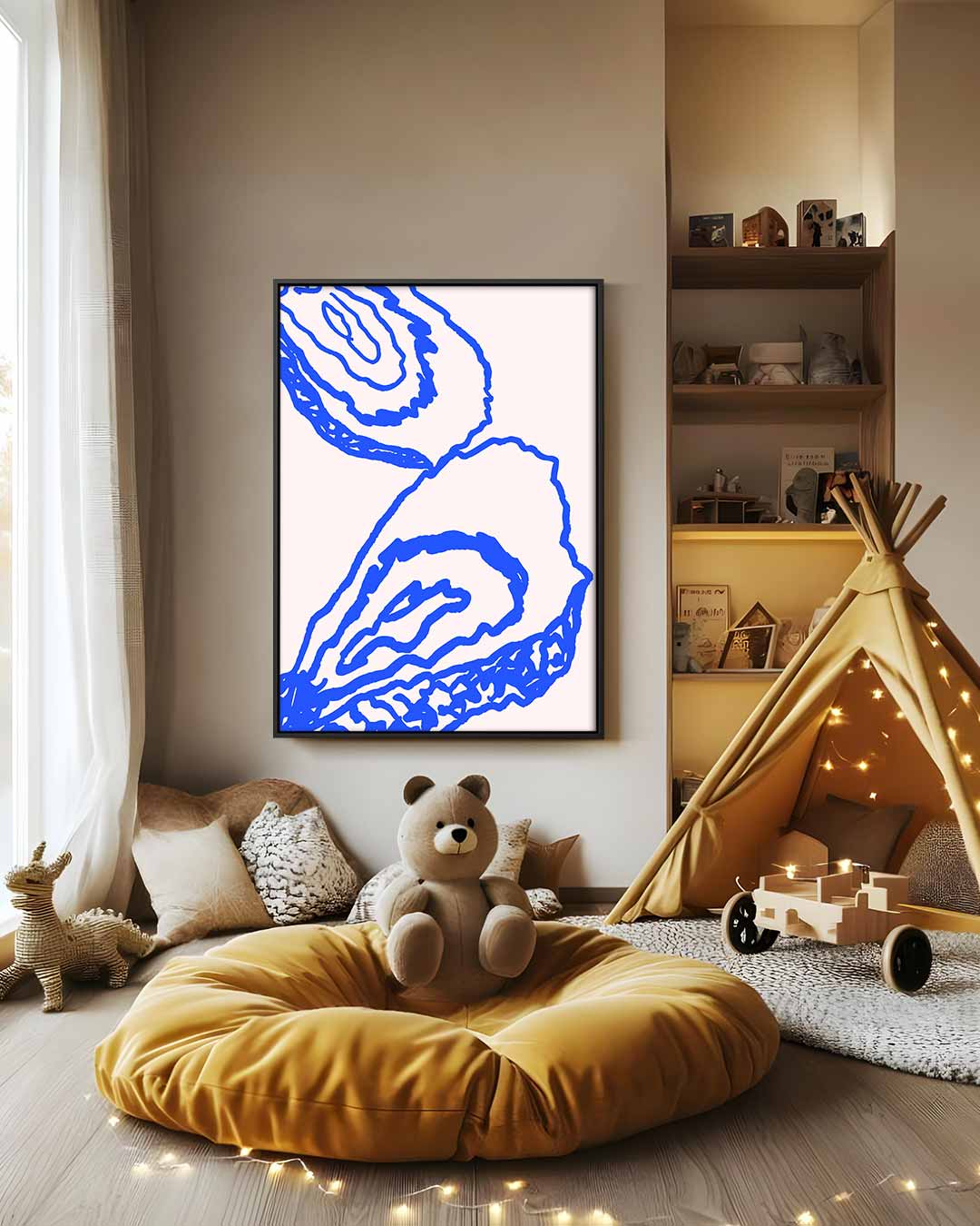 Abstracte Blauwe Contouren op Beige Kunstwerk-canvas-dibond-plexiglas-wanddecoratie-WallArtistic