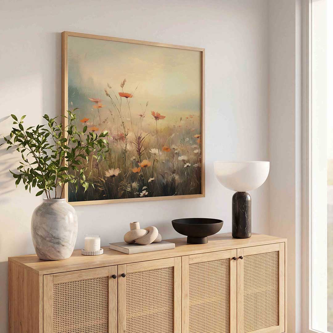 Bloemenveld in ochtendlicht Poster