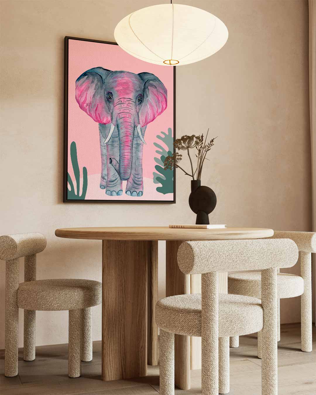 Roze Olifant op Roze Achtergrond Kunstwerk-canvas-dibond-plexiglas-wanddecoratie-WallArtistic